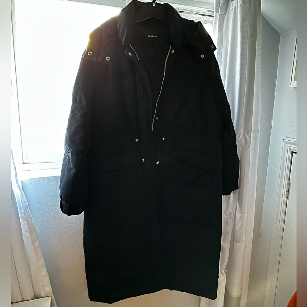 Express puffer long black jacket